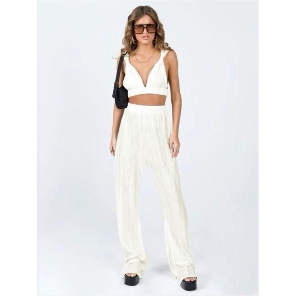 Princess Polly Emmett Cream Crinkle Satin Wide Leg Pants NWT Size 4